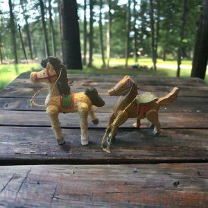 2 Vintage horse ornaments Wooden Taiwan w/Saddle 3.25” & Porcelain Russ 4”
